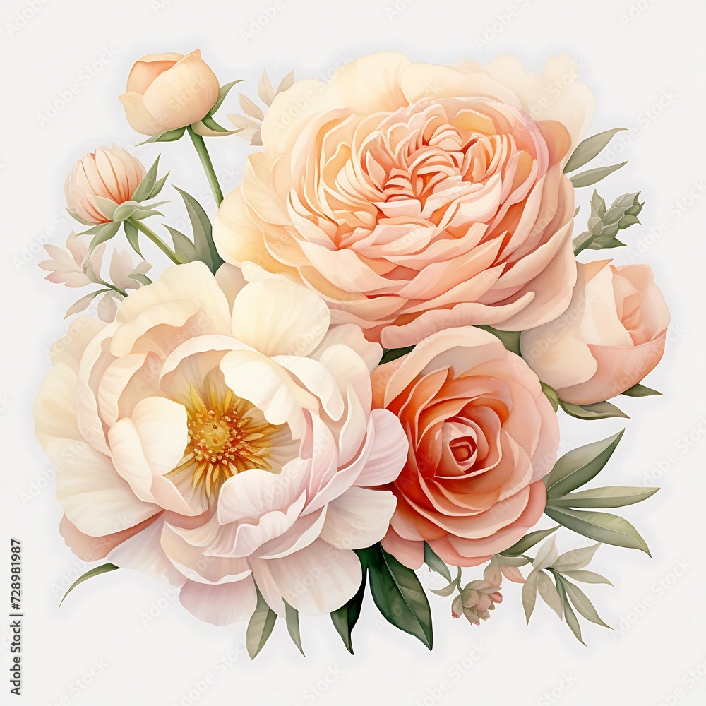 three pink roses isolated on white background closeup. Rose flower bouquet in air, without shadow. Top view, flat lay.
