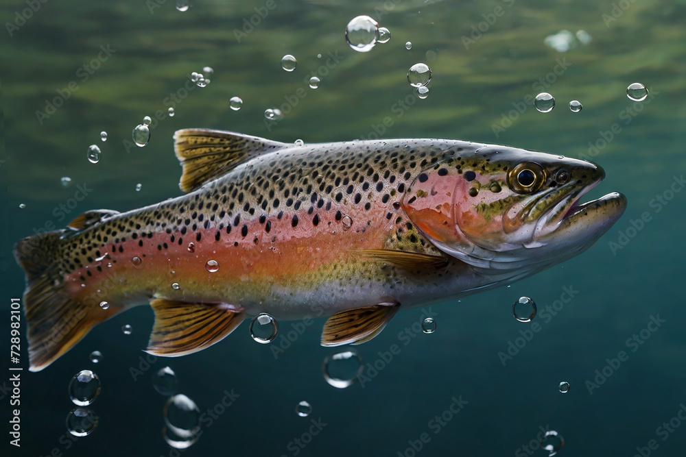 Rainbow trout in the water with bubbles on the surface of the water Rainbow trout in the water with bubbles on the surface of the water