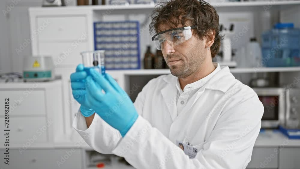 A smiling scientist with glasses and a beard examines a test tube while wearing gloves in a laboratory setting. A smiling scientist with glasses and a beard examines a test tube while wearing gloves in a laboratory setting.