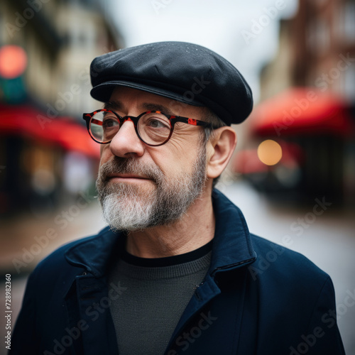 Closeup of a bespectacled man with a beard and a flat cap standing on a blurred city street backdrop