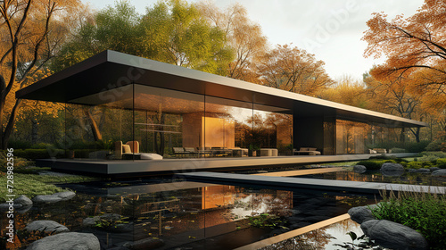 A modern minimalist house with sleek lines and large glass panels, reflecting the greenery of a nearby park.