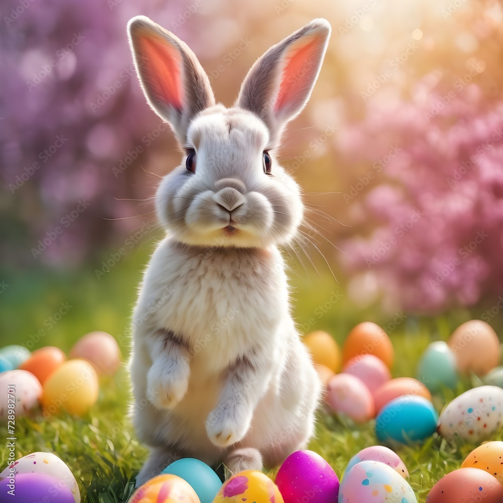 Happy Easter bunny with many colorful easter eggs. Generative AI. Happy Easter bunny with many colorful easter eggs. Generative AI.