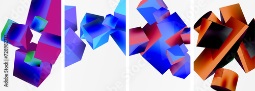 Flying 3d shapes, cubes and other geometric elements background design for wallpaper, business card, cover, poster, banner, brochure, header, website
