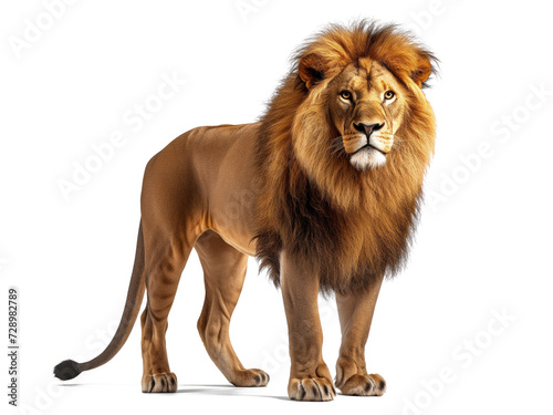 Majestic lion standing isolated on white background, wildlife concept.