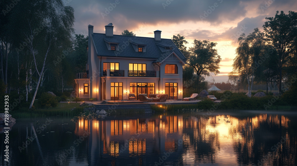 An elegant two-story house with large windows, casting warm light from the inside as the sun sets in the background.