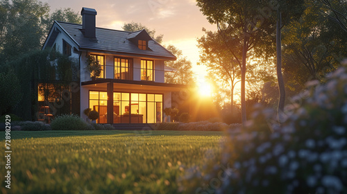 An elegant two-story house with large windows, casting warm light from the inside as the sun sets in the background.