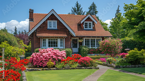 A charming detached house surrounded by a well-maintained garden, with vibrant flowers in full bloom and a clear blue sky above.