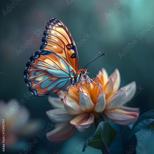 Bright orange monarch butterfly gracefully rests on a delicate white flower in a vibrant garden, showcasing the beauty of nature in a close-up, colorful moment of summer