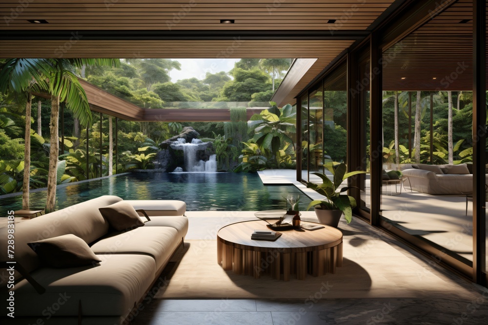 Luxurious and premium villa or hotel in a forest with waterfall and trees