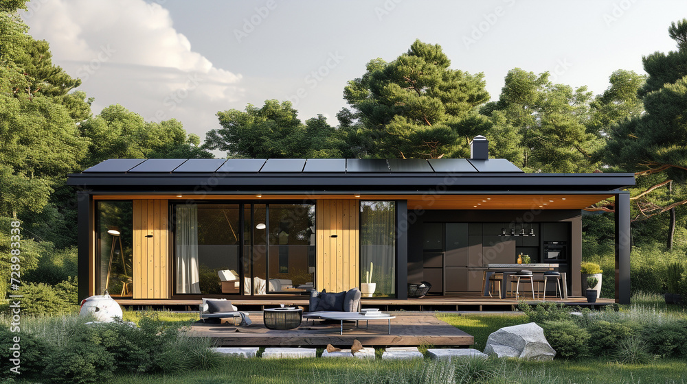 A focus on the innovative roofing design of a modular house, highlighting its functionality and aesthetic appeal.