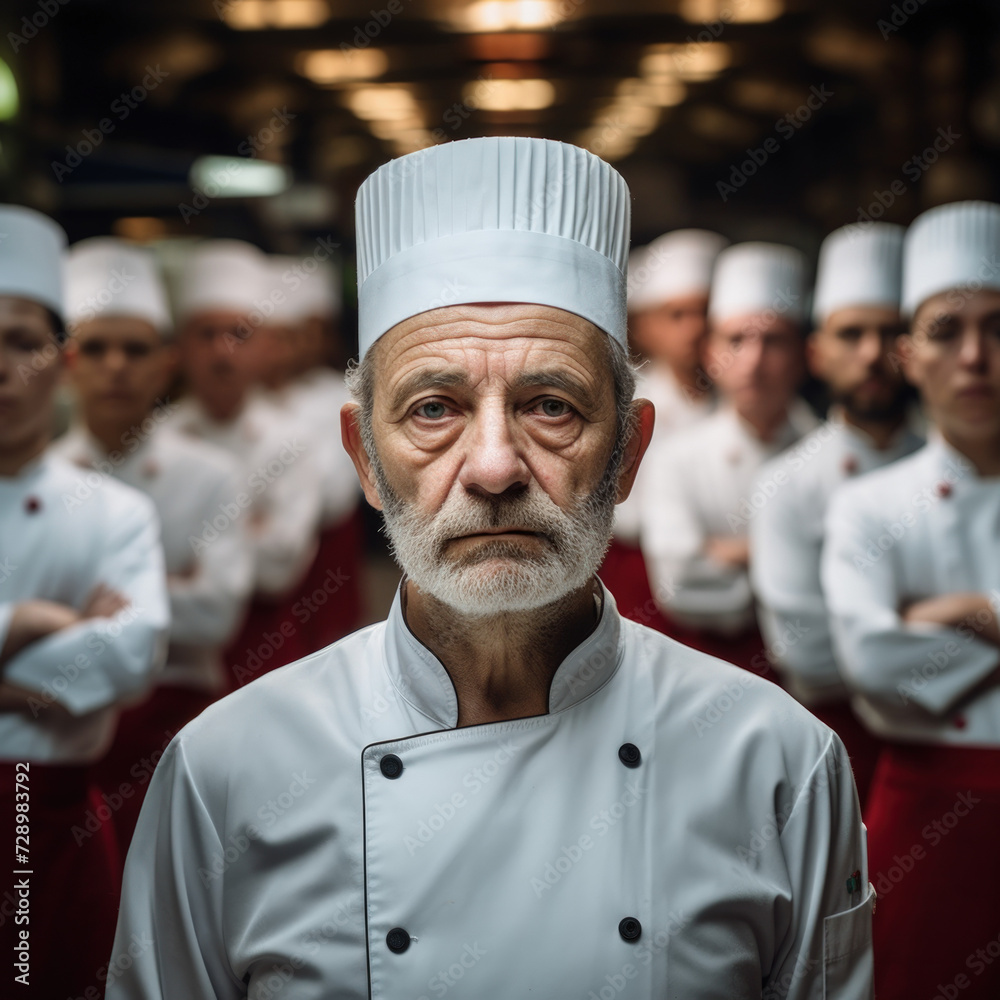 An older male chef with a serious expression leading a team of chefs all in white uniforms and chef hats in a professional kitchen