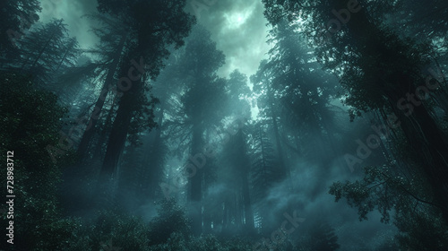 A dense, fog-covered forest with towering redwoods, creating an atmospheric and mysterious woodland scene.