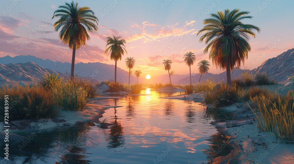 A pristine desert oasis, with palm trees casting elongated shadows in the warm glow of a setting desert sun.