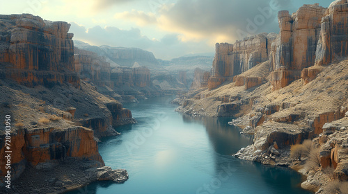 A panoramic view of a tranquil river winding its way through a majestic canyon, embraced by towering cliffs.