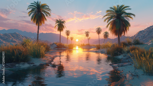 A pristine desert oasis, with palm trees casting elongated shadows in the warm glow of a setting desert sun.