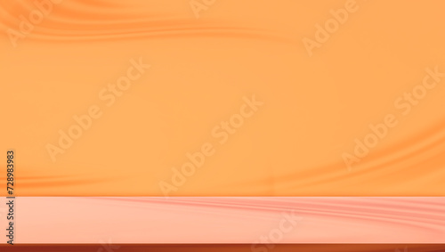 Empty counter table mockup with light and shadow on orange interior studio wall room panoramic background for cosmetic product display presentation backdrop , illustration