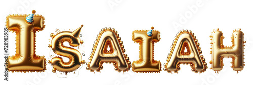 Isaiah Letters - Golden Balloon, 3D - Isolated on Transparent or White Background PNG - Best for Birthday Illustration Design photo