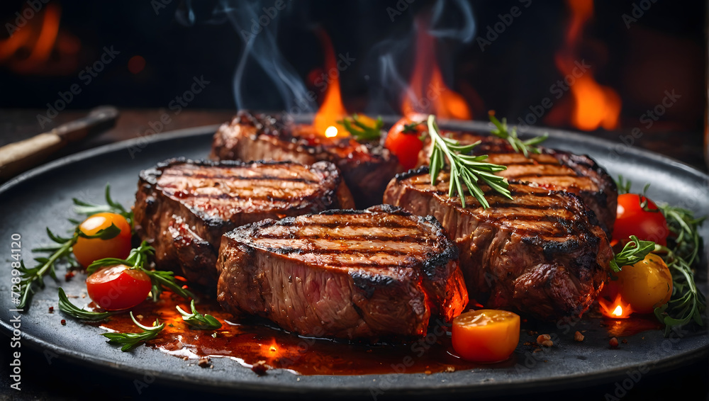 Gourmet grilled meat on plate glowing Gourmet grilled meat on plate glowing