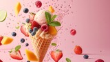 Delicious strawberry ice cream with mango, blueberry, raspberry and pieces levitation of fruit in a crispy waffle cone on pink background