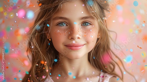 A young happy girl celebrates an event, a birthday, a joyful important day, festive multi-colored serpentine flies around. On peach color background