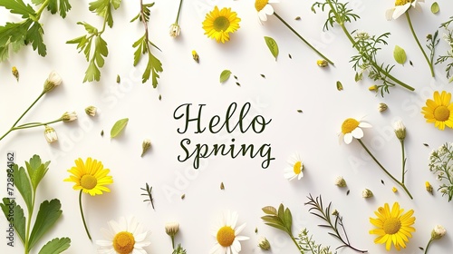 Illustration in a botanical minimalistic style with a spring mood and flowers chamomiles and herbs with the text “Hello Spring” in the centre on white background photo