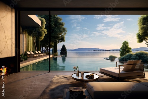 A luxurious lake-side apartment with a beautiful view from the living room