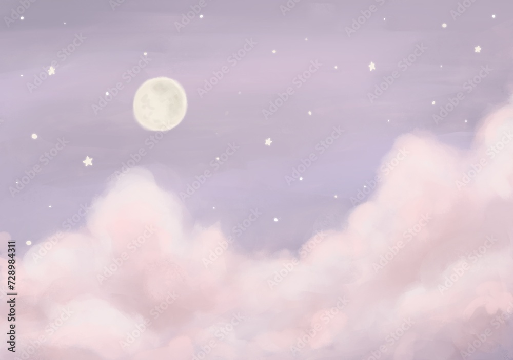 Background painting of the night sky with pink clouds, the moon, and cute stars In a minimalist style Background painting of the night sky with pink clouds, the moon, and cute stars In a minimalist style