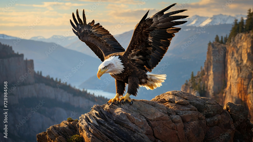 A picture of a bald eagle gracefully descending from the sky to the edge of a cliff, where it elegantly alights on a weathered perch and the sheer strength conveyed by the eagle's presence A picture of a bald eagle gracefully descending from the sky to the edge of a cliff, where it elegantly alights on a weathered perch and the sheer strength conveyed by the eagle's presence