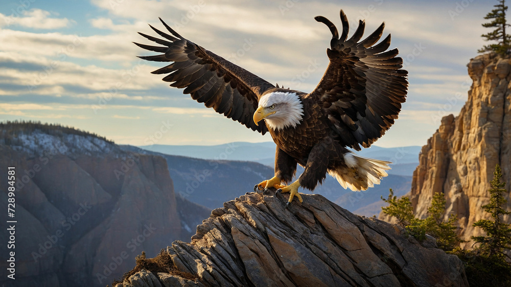 A picture of a bald eagle gracefully descending from the sky to the edge of a cliff, where it elegantly alights on a weathered perch and the sheer strength conveyed by the eagle's presence A picture of a bald eagle gracefully descending from the sky to the edge of a cliff, where it elegantly alights on a weathered perch and the sheer strength conveyed by the eagle's presence