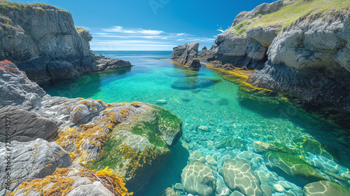 Crystal-clear tide pools teeming with colorful marine life, nestled among rugged coastal rocks and cliffs.