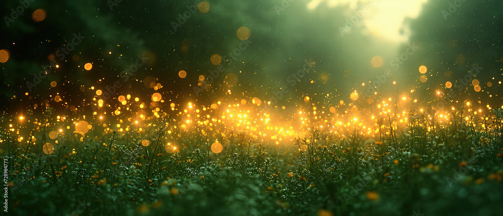 a field of yellow flowers with a lot of lights