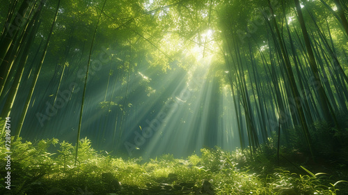 Sunlight streaming through dense bamboo groves, creating a play of light and shadows on the forest floor. © IBRAHEEM'S AI