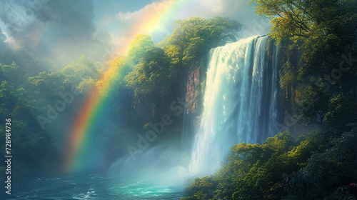 The ethereal beauty of a rainbow arcing over a thundering waterfall, surrounded by lush greenery and mist.