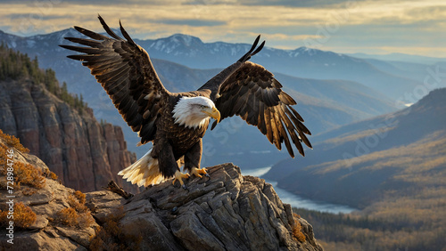 A picture of a bald eagle gracefully descending from the sky to the edge of a cliff, where it elegantly alights on a weathered perch and the sheer strength conveyed by the eagle's presence © mdaktaruzzaman