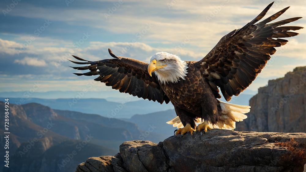 A picture of a bald eagle gracefully descending from the sky to the edge of a cliff, where it elegantly alights on a weathered perch and the sheer strength conveyed by the eagle's presence A picture of a bald eagle gracefully descending from the sky to the edge of a cliff, where it elegantly alights on a weathered perch and the sheer strength conveyed by the eagle's presence