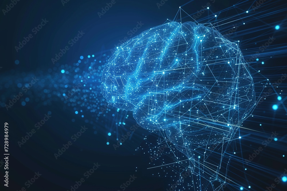 Technology wireframe, full image of the brain, side view, in the center of the image, floating and processing information. Futuristic 3D Technology wireframe, full image of the brain, side view, in the center of the image, floating and processing information. Futuristic 3D