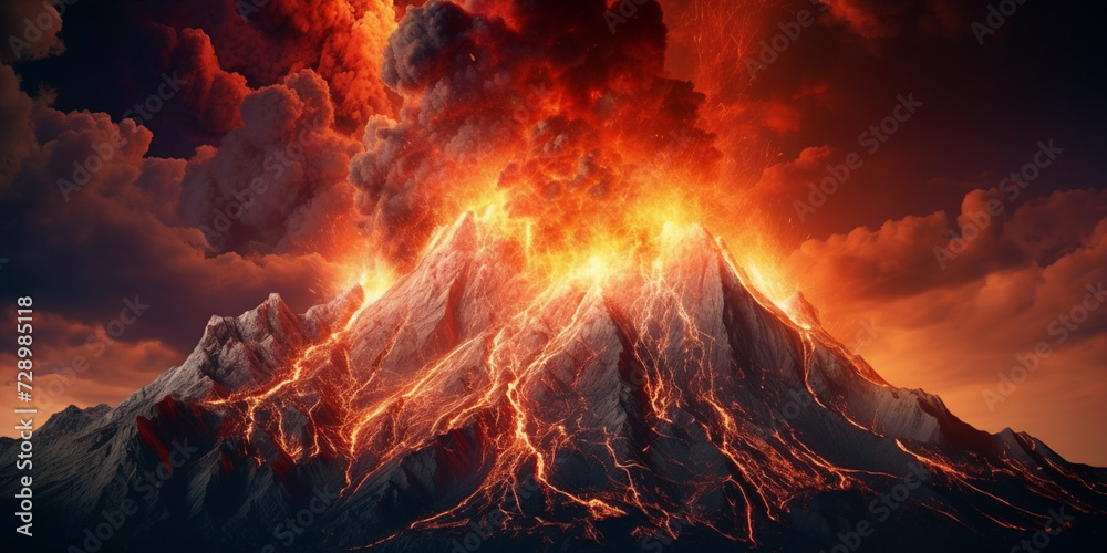 Massive volcano eruption A large volcano erupting hot lava and gases, Erupting volcano on the island of Stromboli. 