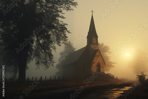 A melancholy church, in the morning with fog and yellow light.