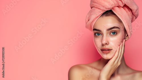 Beautiful young woman with facial mask. Young woman with clay mask on her face against pink background, space for text. Skin care Skin care and treatment, spa, natural beauty and cosmetology concept.