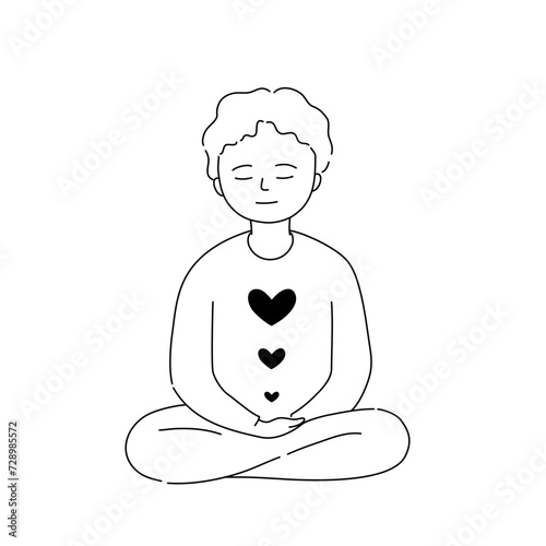 Isolated of a child meditating in cartoon editable line drawing.