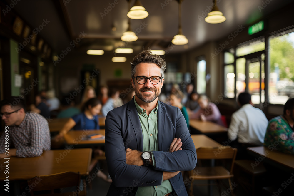 Portrait of a male teacher with arms crossed smiling in the class at school