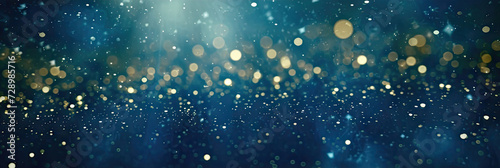 a blue and gold background with stars. Suitable for celestial, festive, or glamorous design projects such as invitations, holiday-themed graphics.glitter lights. de focused. banner.bokeh blur circle