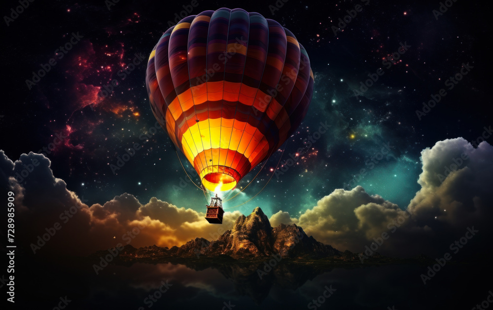 Fototapeta premium Vibrant hot air balloon soaring through the night sky with stars and nebulae, symbolizing adventure, exploration, dreams, and the magic of flight