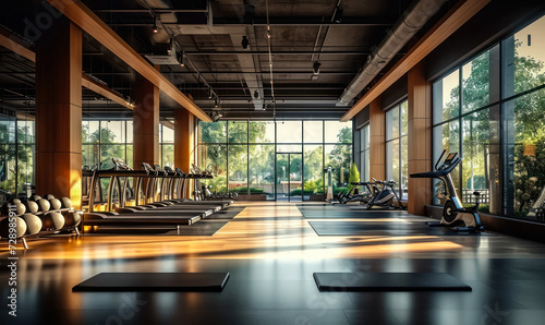 Modern, spacious gym interior with a variety of fitness equipment, reflective floors, and large windows for natural lighting photo