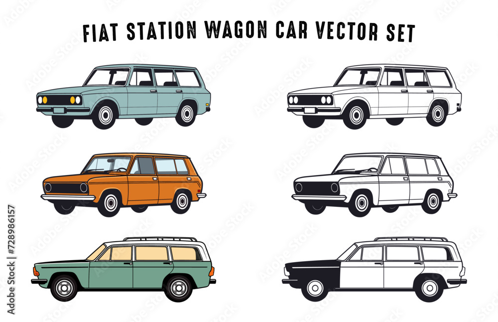 Fiat Station Wagon Car vector illustration Set, Fiat Wagon cars black outline Bundle