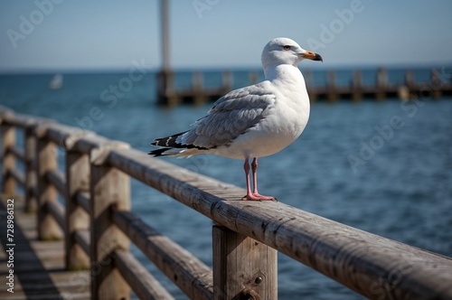 A seagull  perched on a wooden railing, with the ocean and a dock in background,seagull on pier