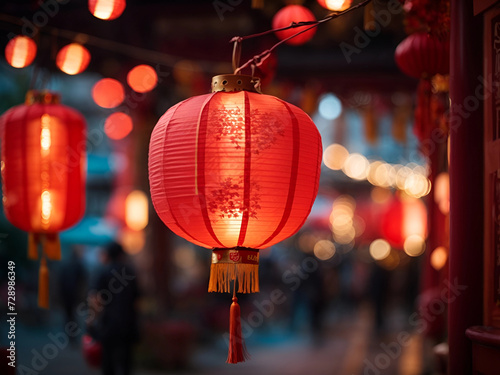 Chinese Lunar New Year celebration Lantern ornament decoration on blurry. Defocused blurred background
