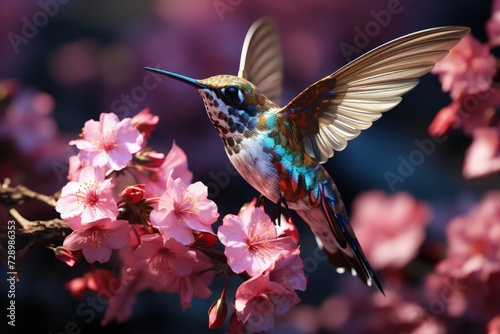 A hummingbird moth near a blossom