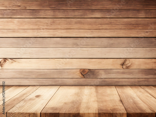 Empty wood table on wood wall panels background  Space available for displaying your products