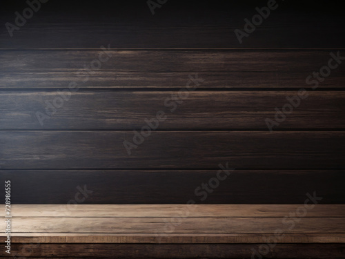 Empty vintage wood table on dark wood wall background  Empty space for display your products